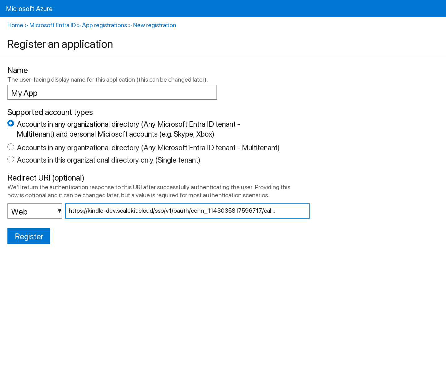 Register an application in Azure portal