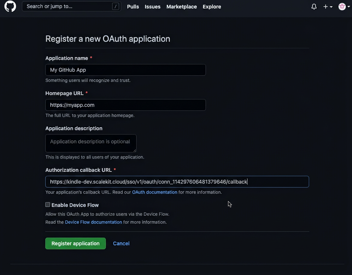 Add callback URL in GitHub OAuth app settings