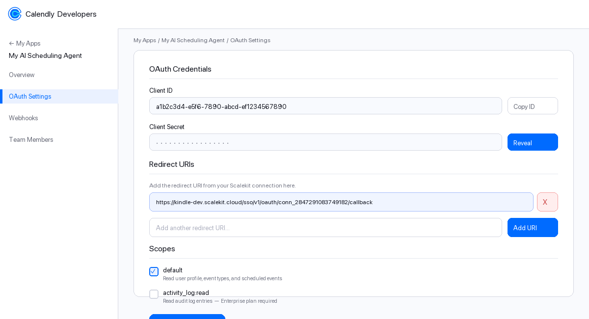 Add the Scalekit redirect URI in Calendly OAuth Settings