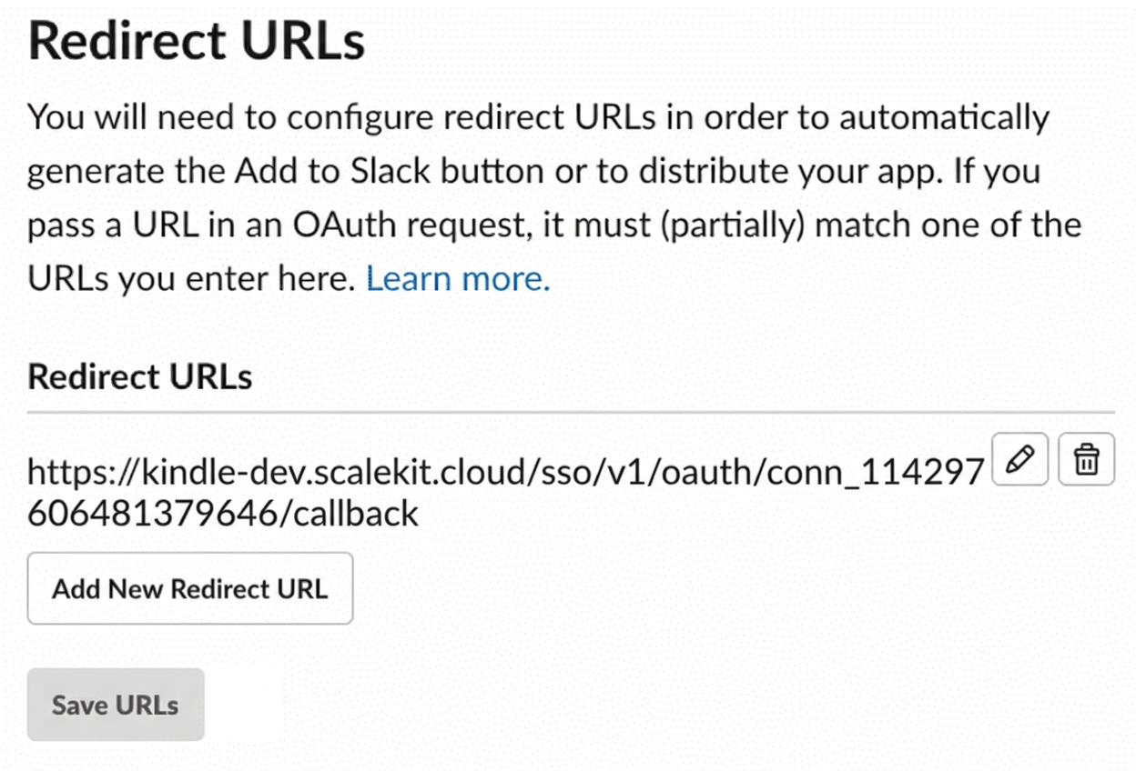 Add redirect URL in Slack