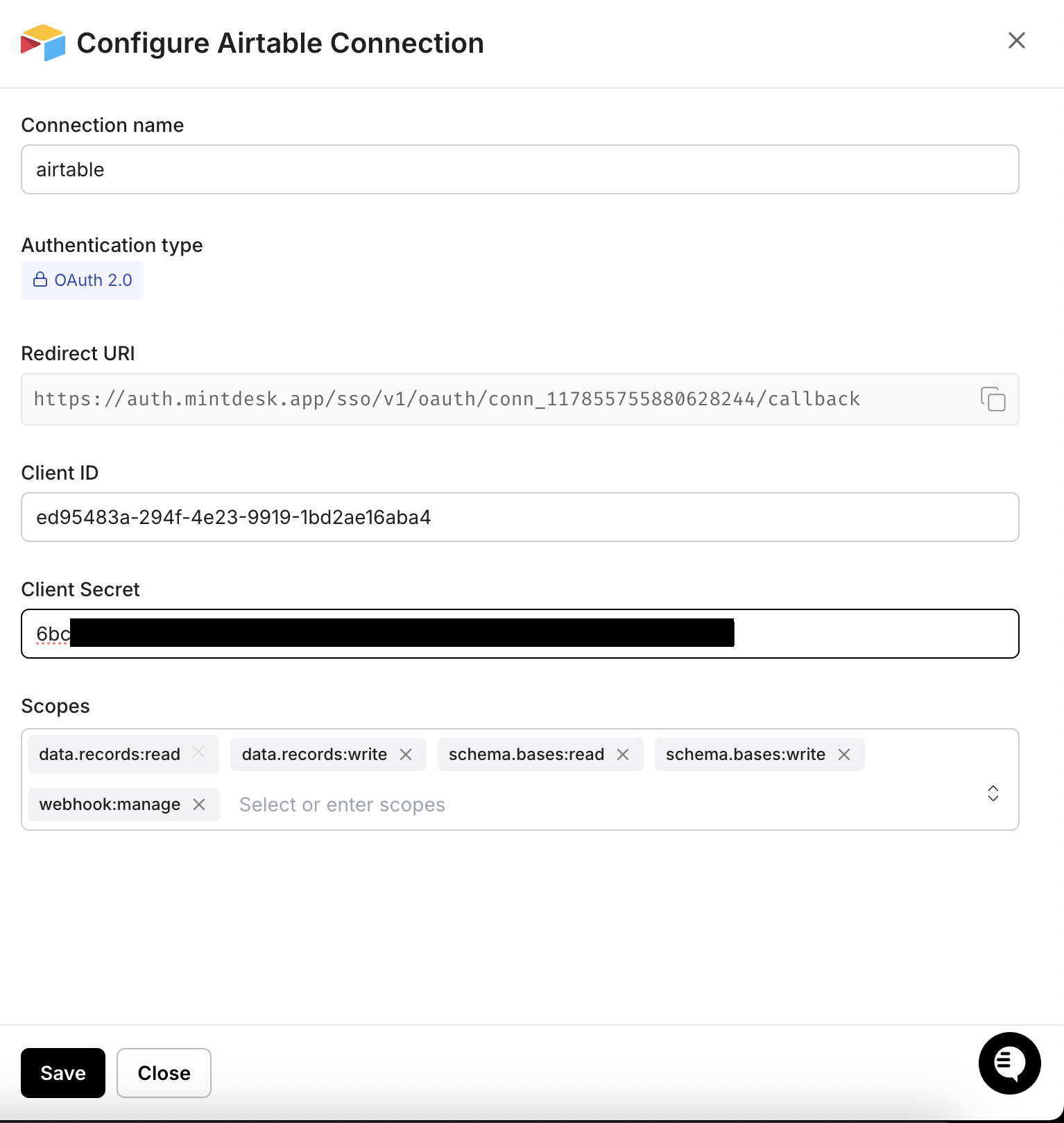 Airtable credentials entered in the Scalekit connection configuration