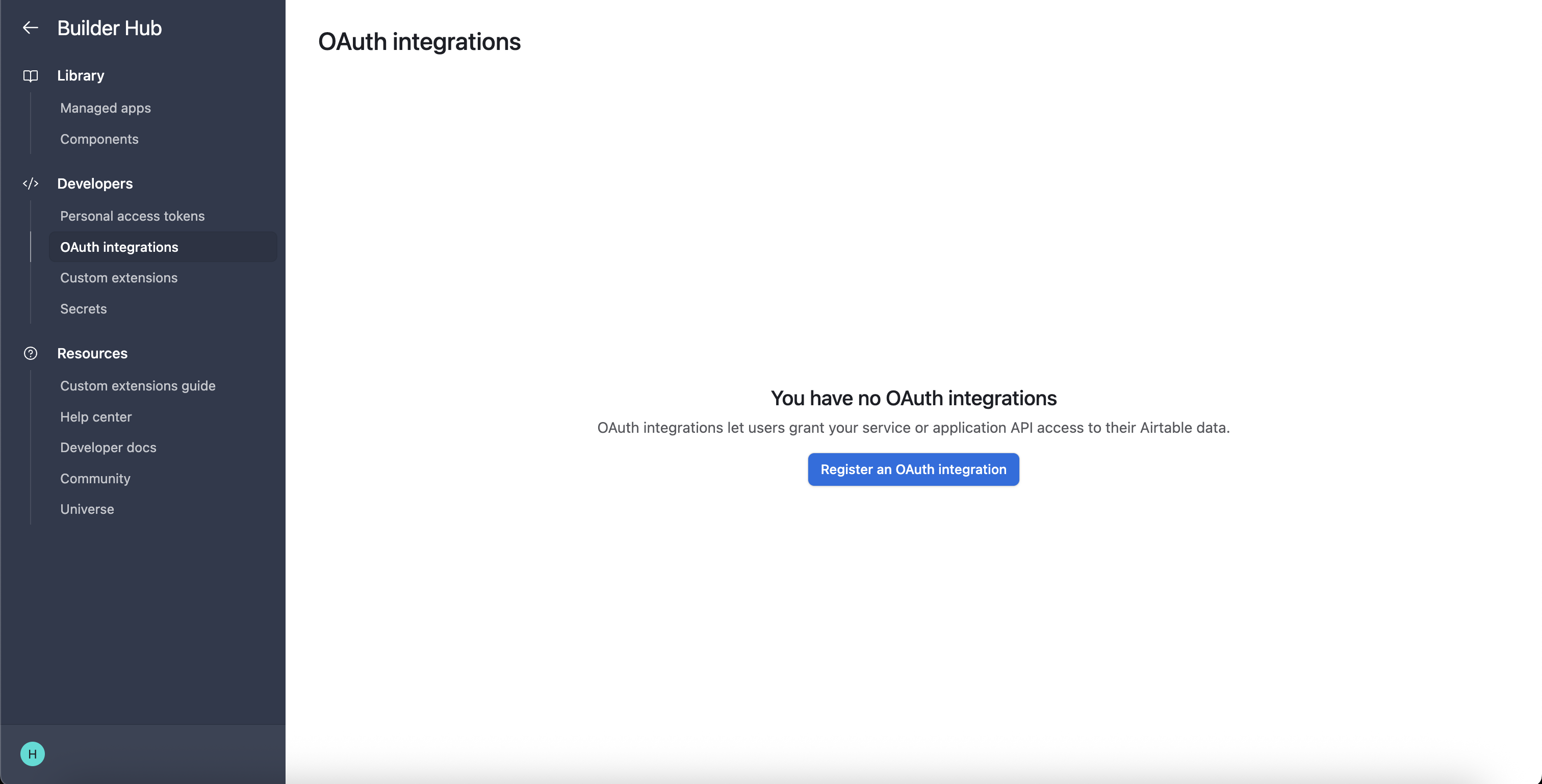 OAuth integrations page in Airtable Builder Hub