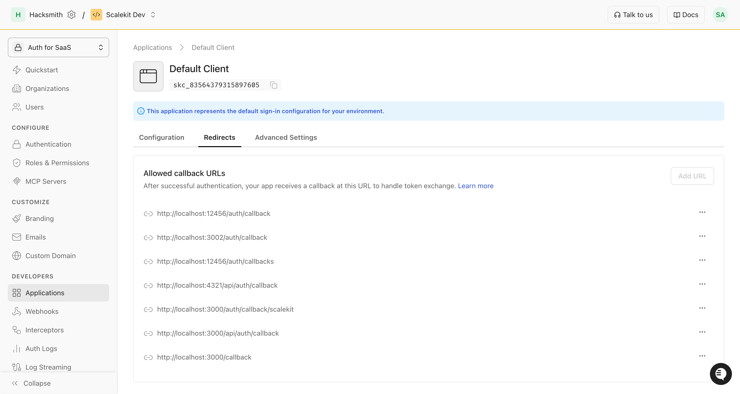 Scalekit Authentication settings showing the Initiate-login URL section with a registered endpoint and an Add URL button