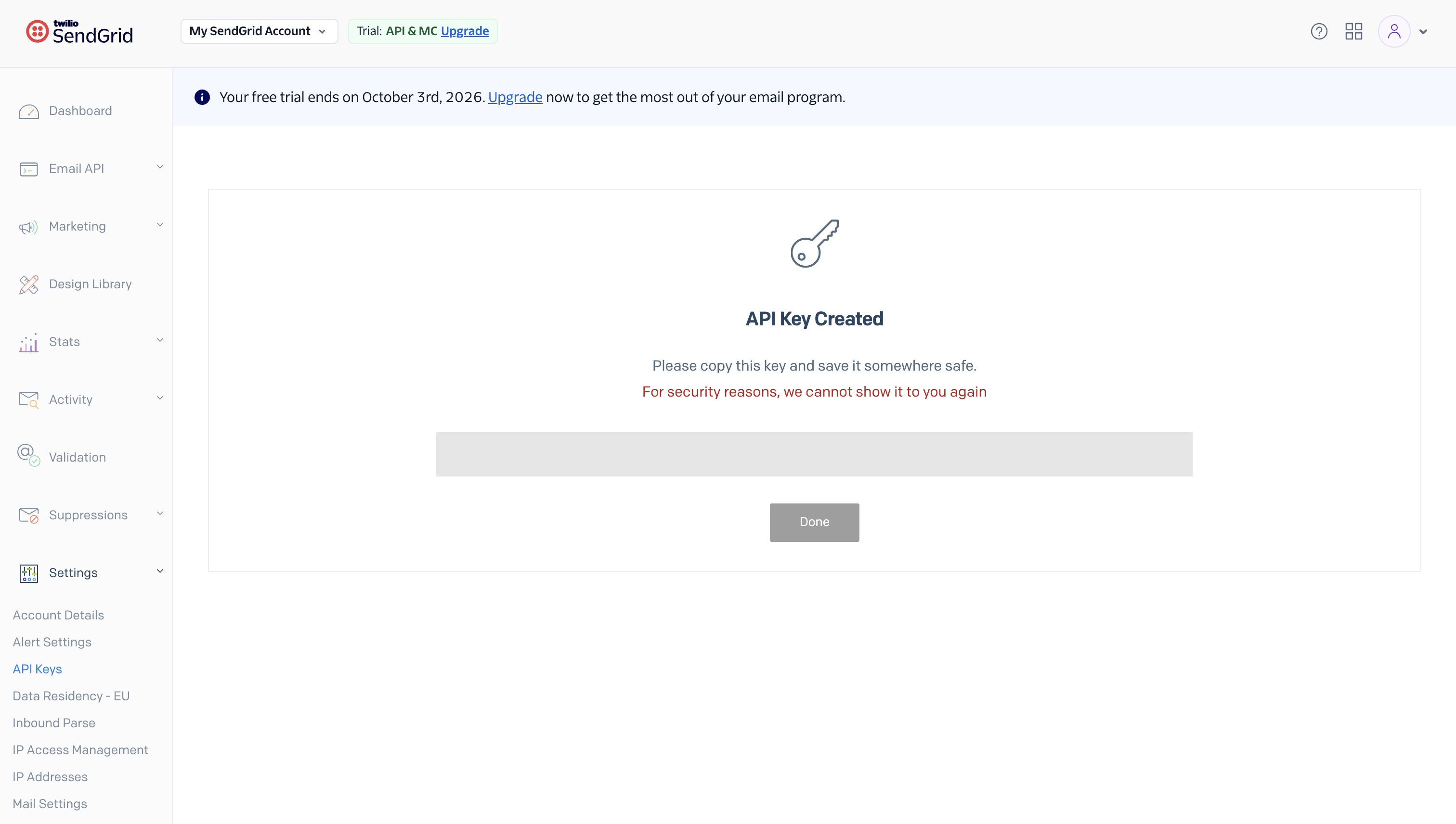 API key created in SendGrid
