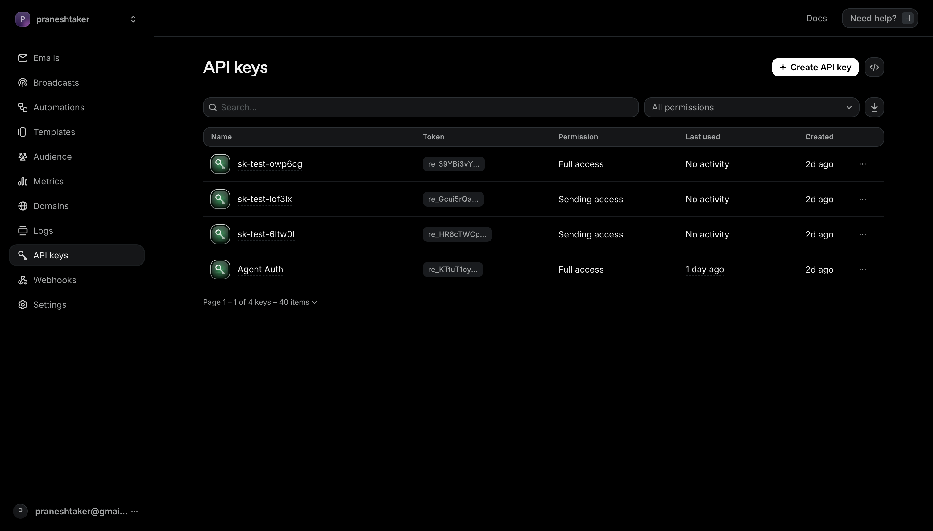 Resend API keys page with the Create API key button