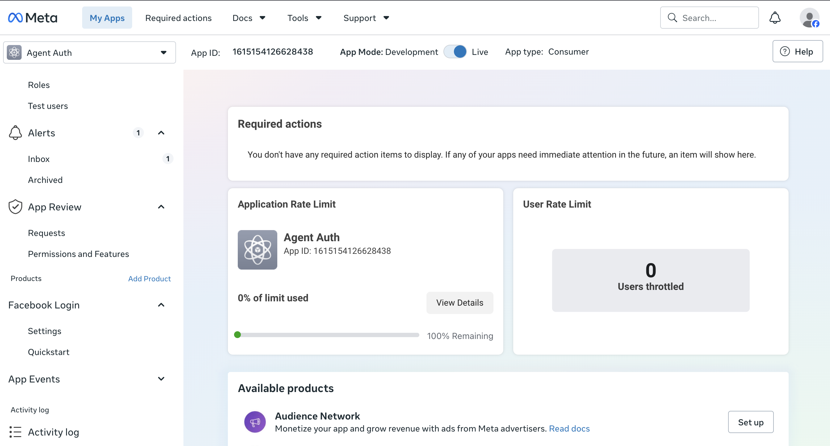 Meta app dashboard showing app ID, app mode, and available products