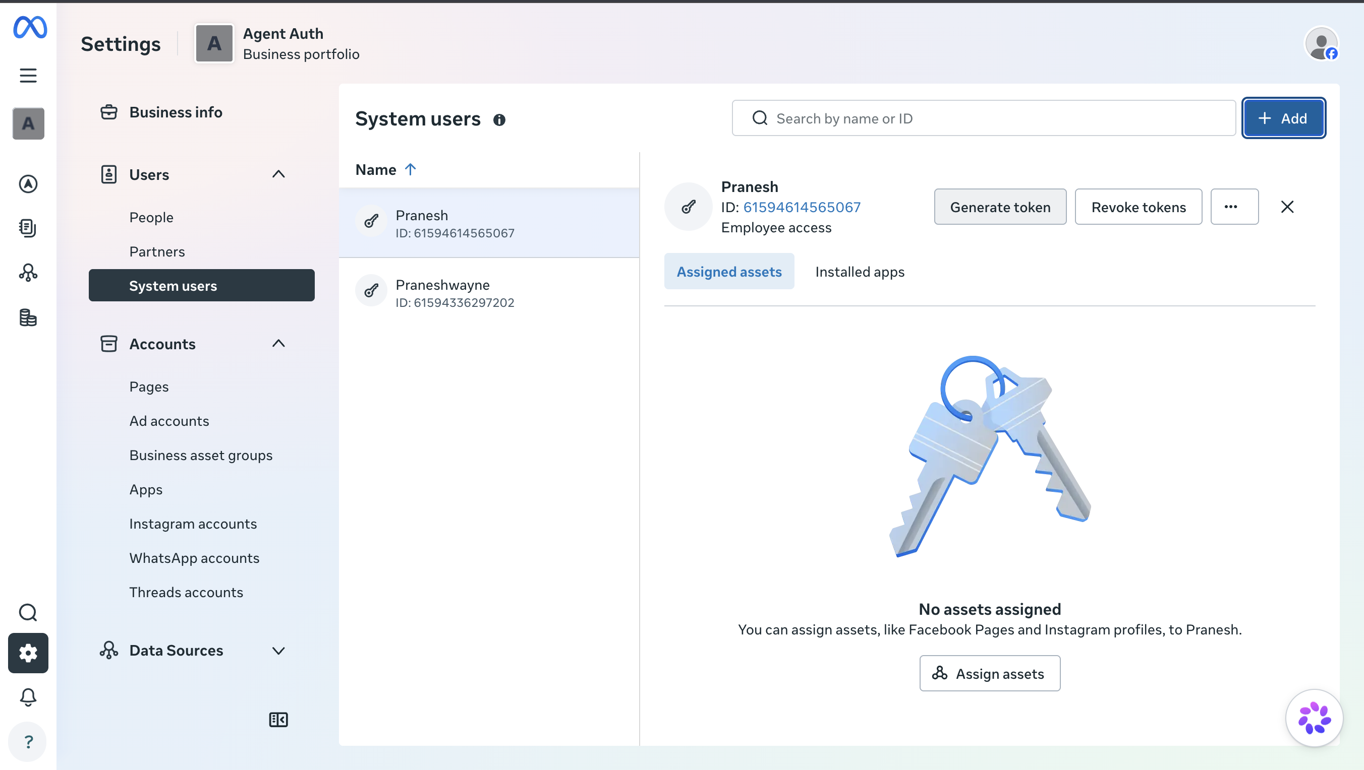 System user detail panel showing the Assigned assets tab with no assets assigned yet