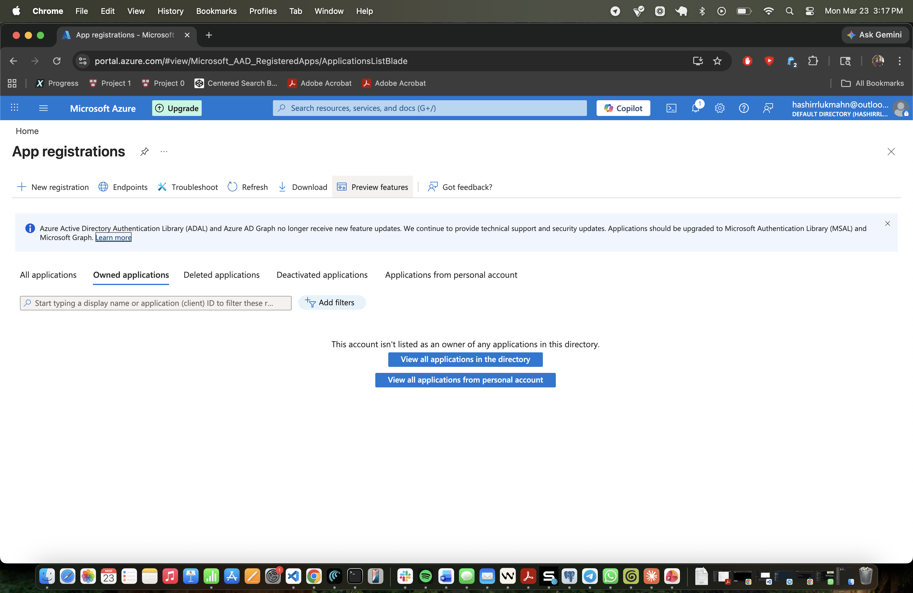 App registrations page in Azure portal