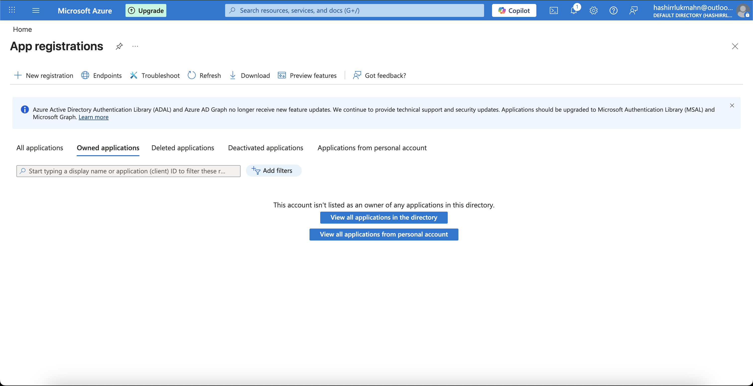 App registrations page in Azure portal