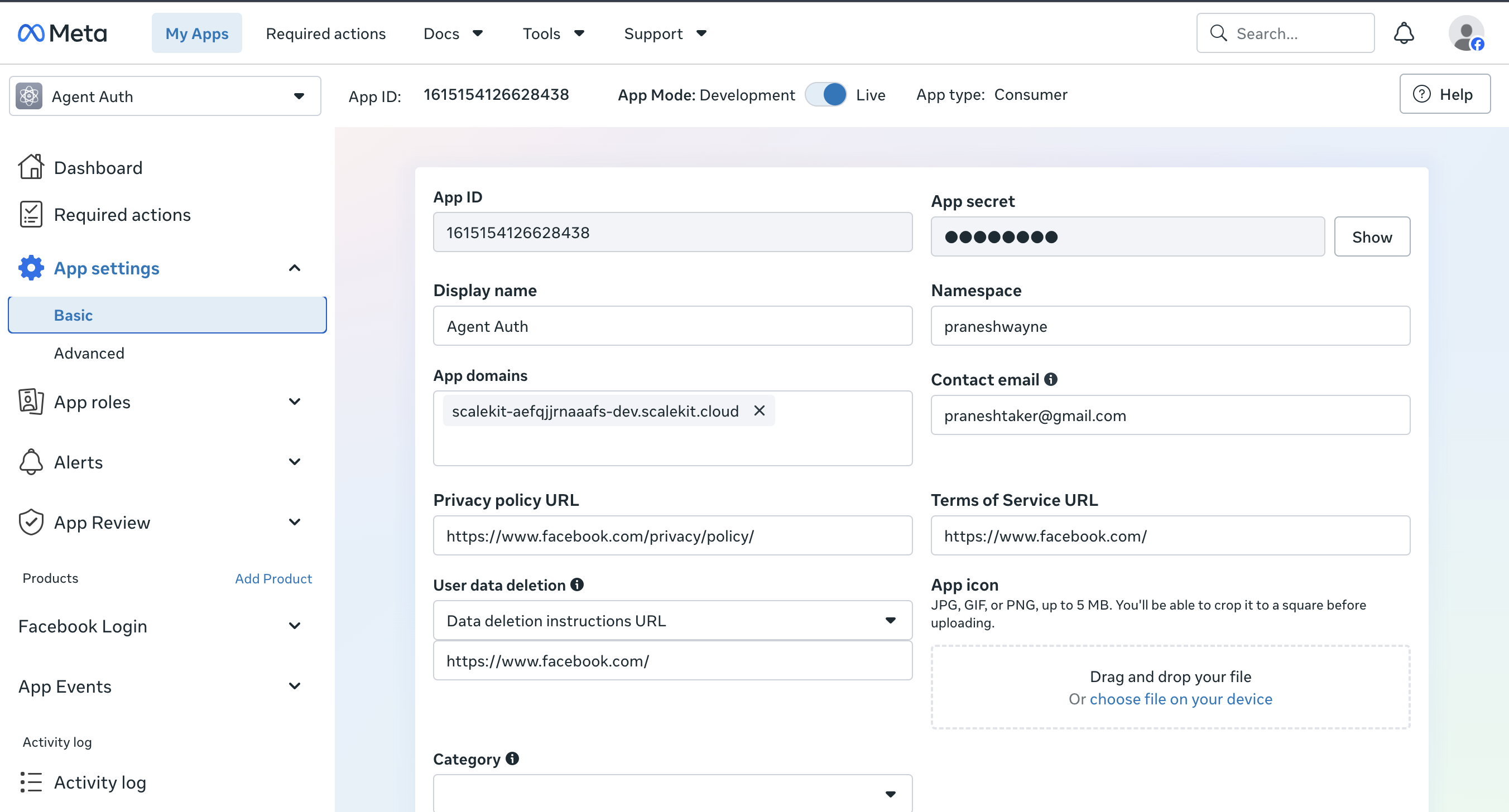 App settings Basic page showing App ID and App secret fields