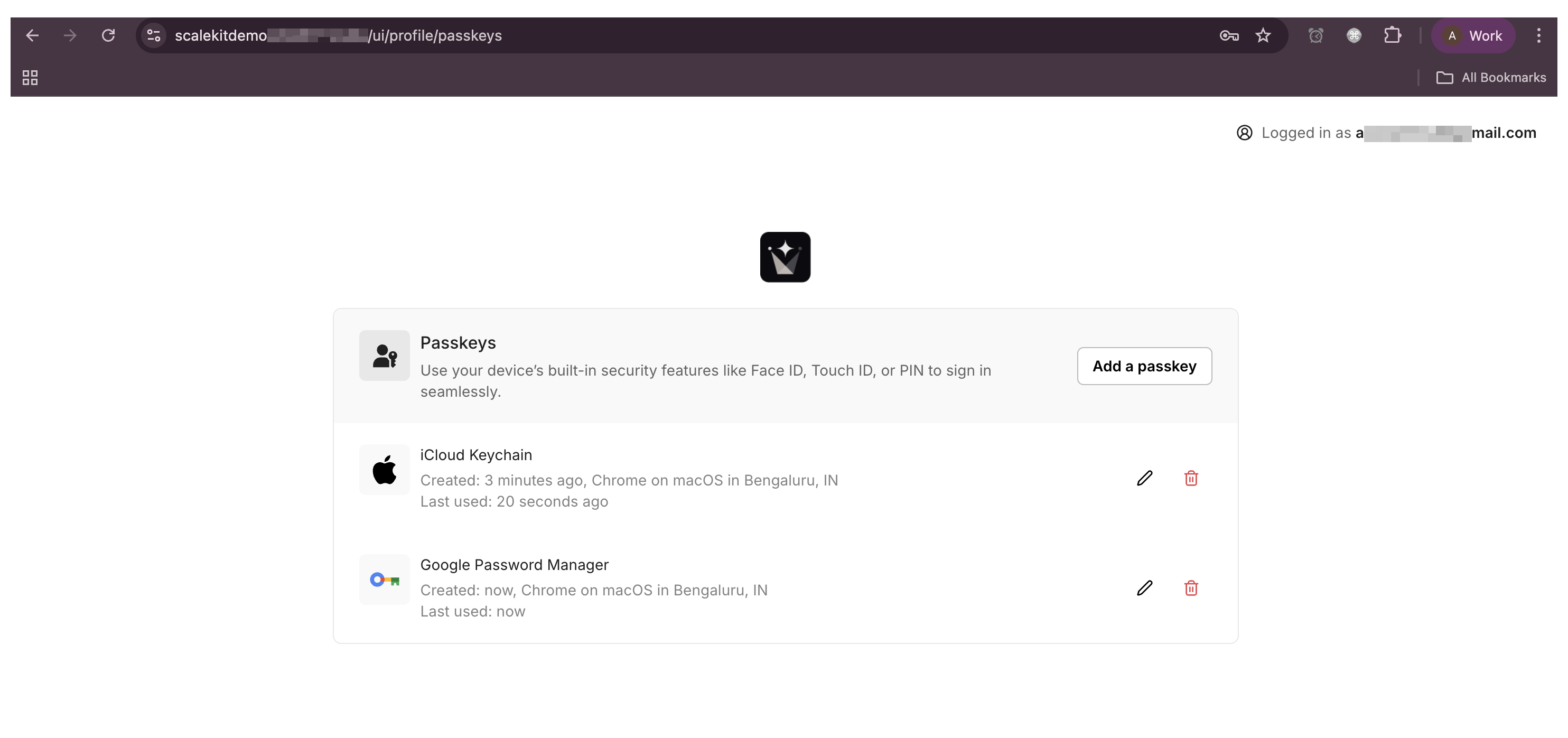 Passkey registration page in Scalekit UI