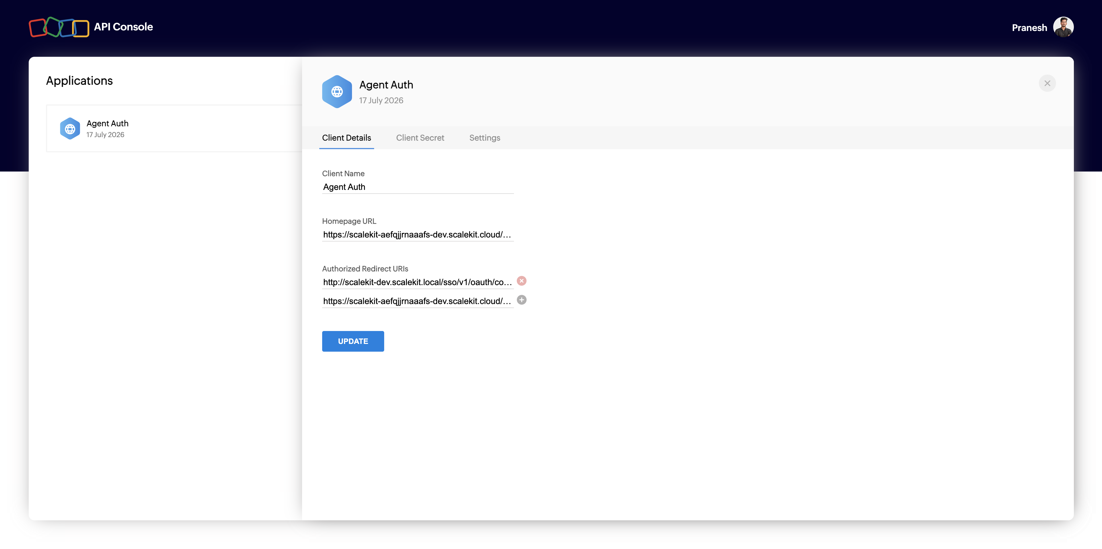Client Details in Zoho API Console