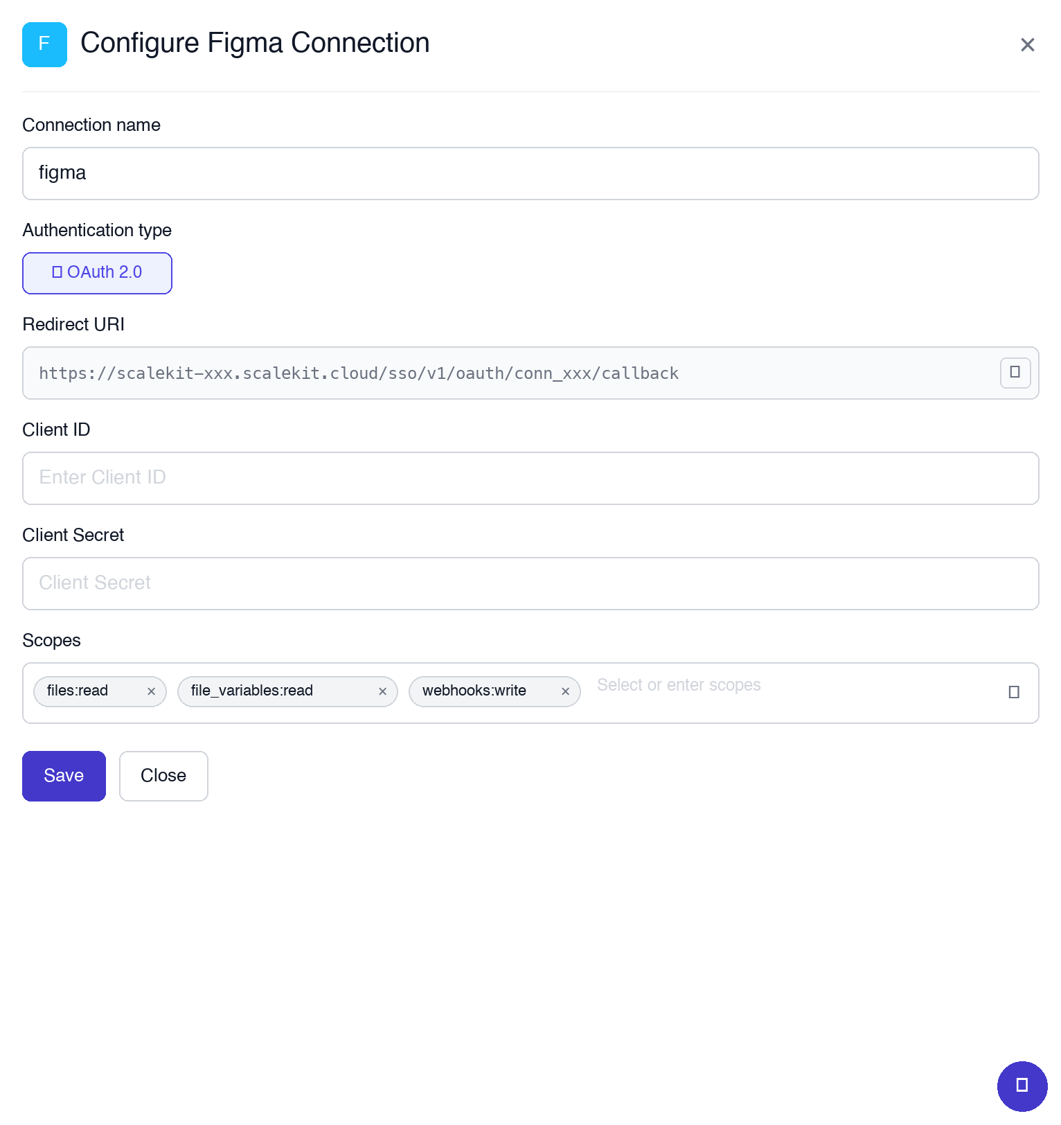 Copy the Redirect URI from the Configure Figma Connection panel
