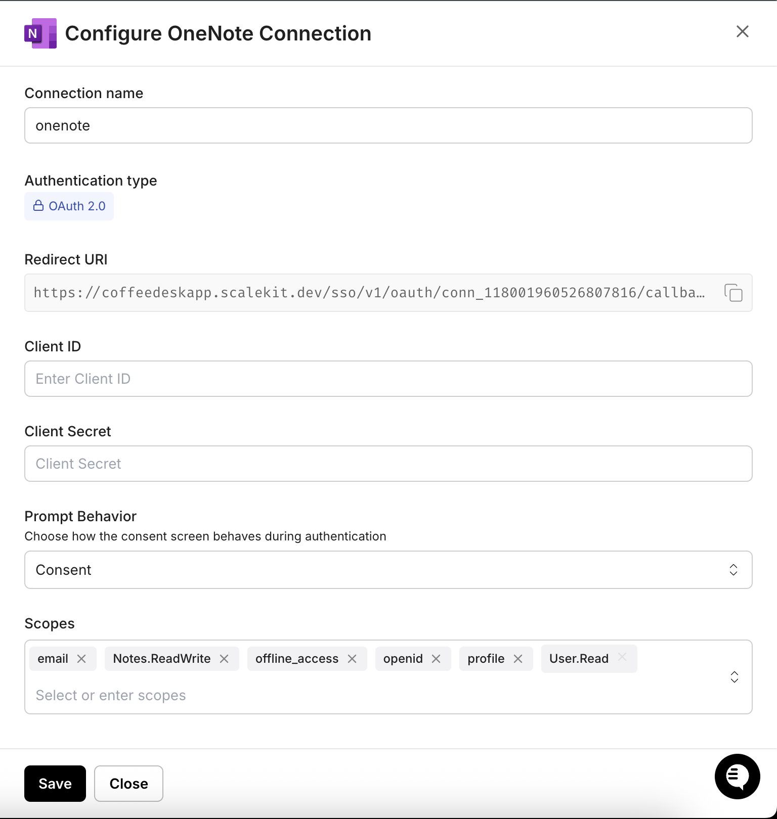 Copy the redirect URI from the Configure OneNote Connection dialog