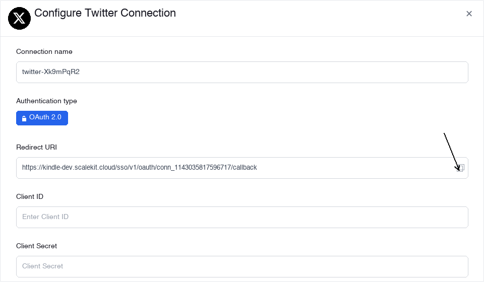 Copy the Redirect URI from the Configure Twitter Connection panel