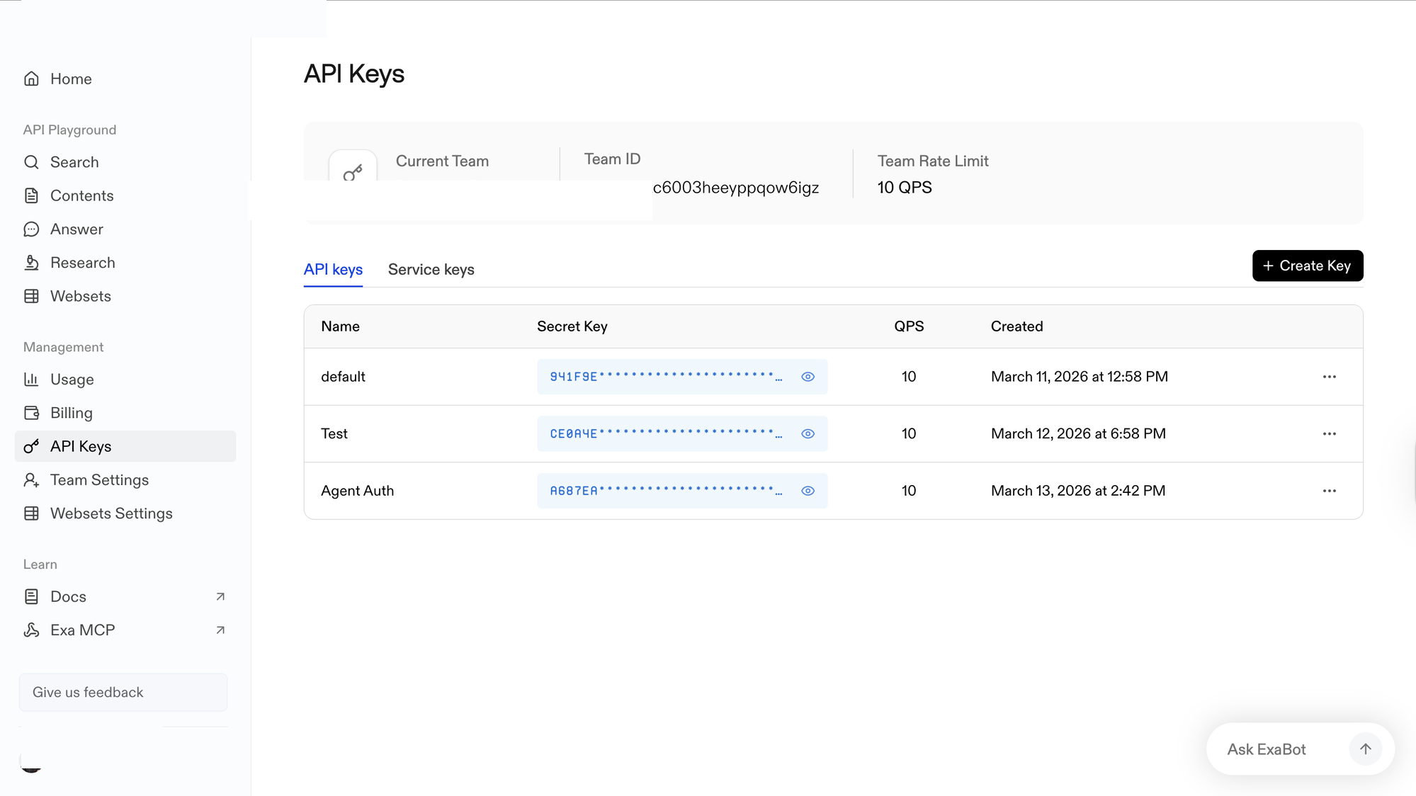 Exa dashboard API Keys page showing existing keys and the + Create Key button