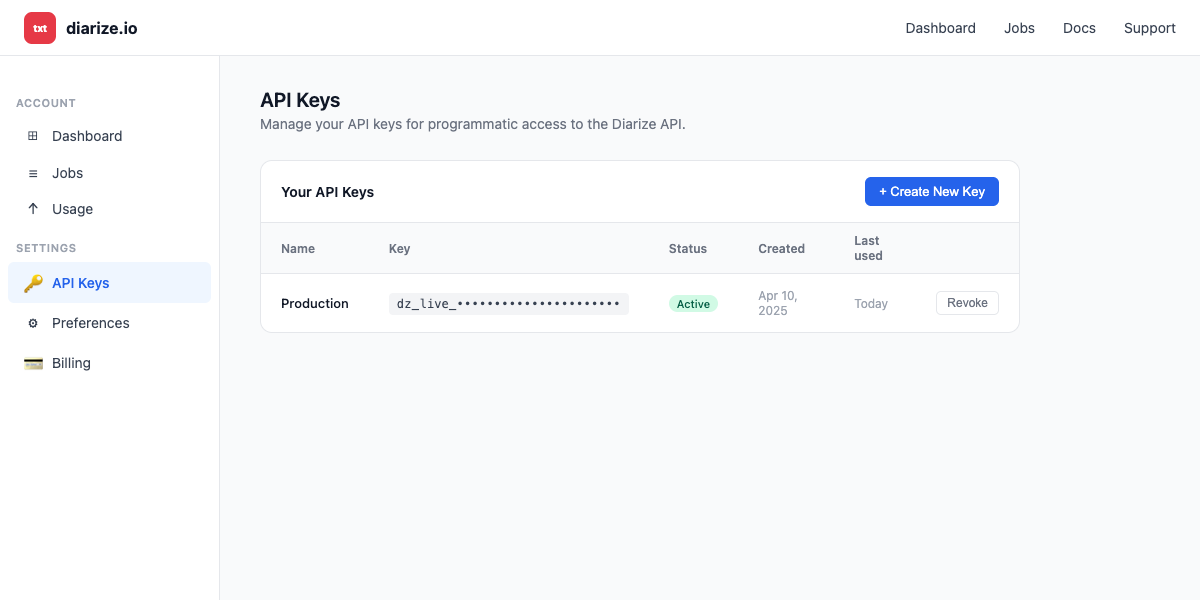 Diarize.io settings page showing the API Keys section with an existing key and the Create New Key button