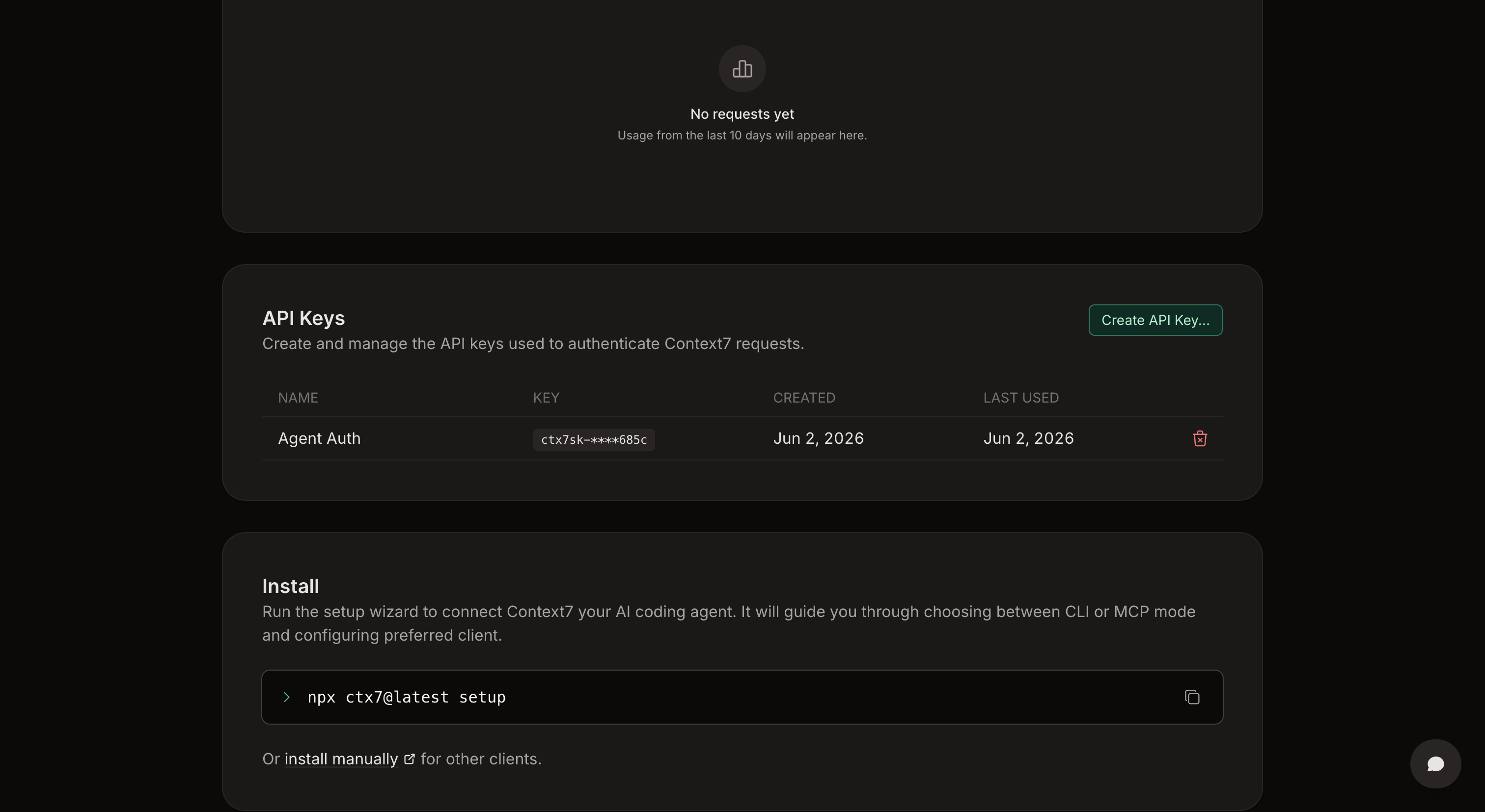 Context7 dashboard showing the API Keys section with an existing key and the Create API Key button
