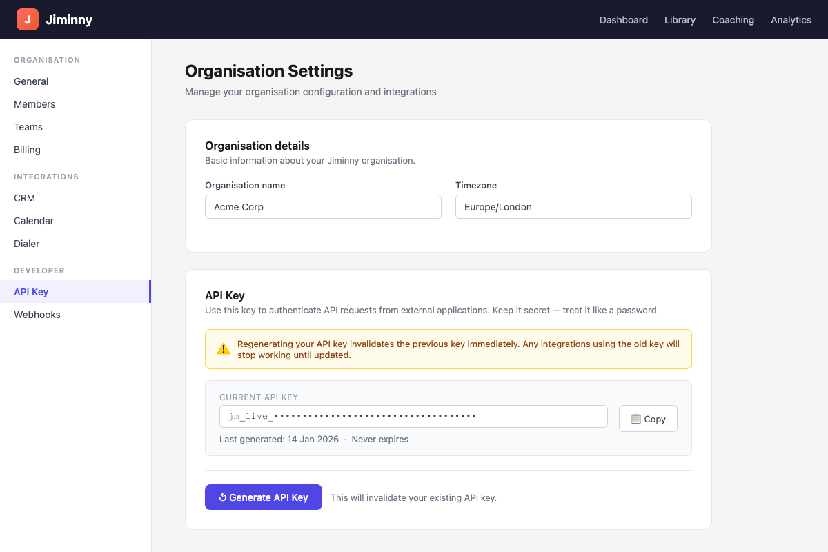 Jiminny Organisation Settings showing the API Key section with Generate API Key button