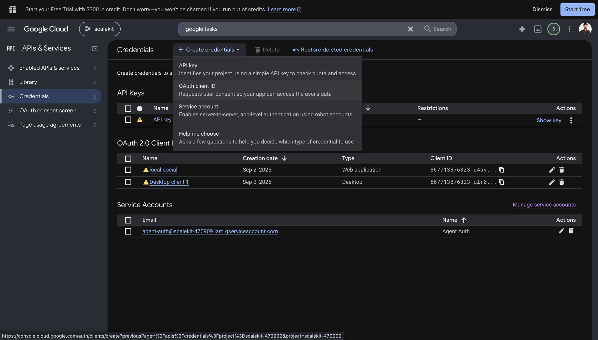 Create credentials menu showing API key, OAuth client ID, and Service account options