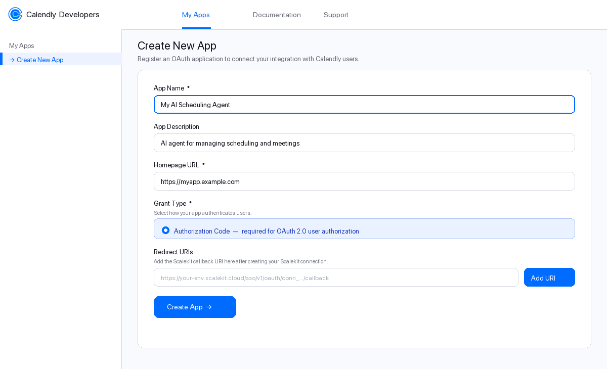 Create a new OAuth app in Calendly Developer Portal