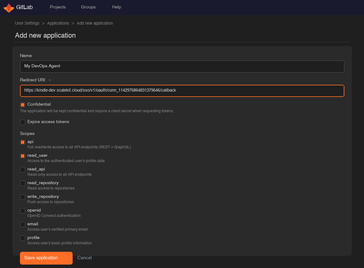 Add redirect URI and scopes in GitLab OAuth app