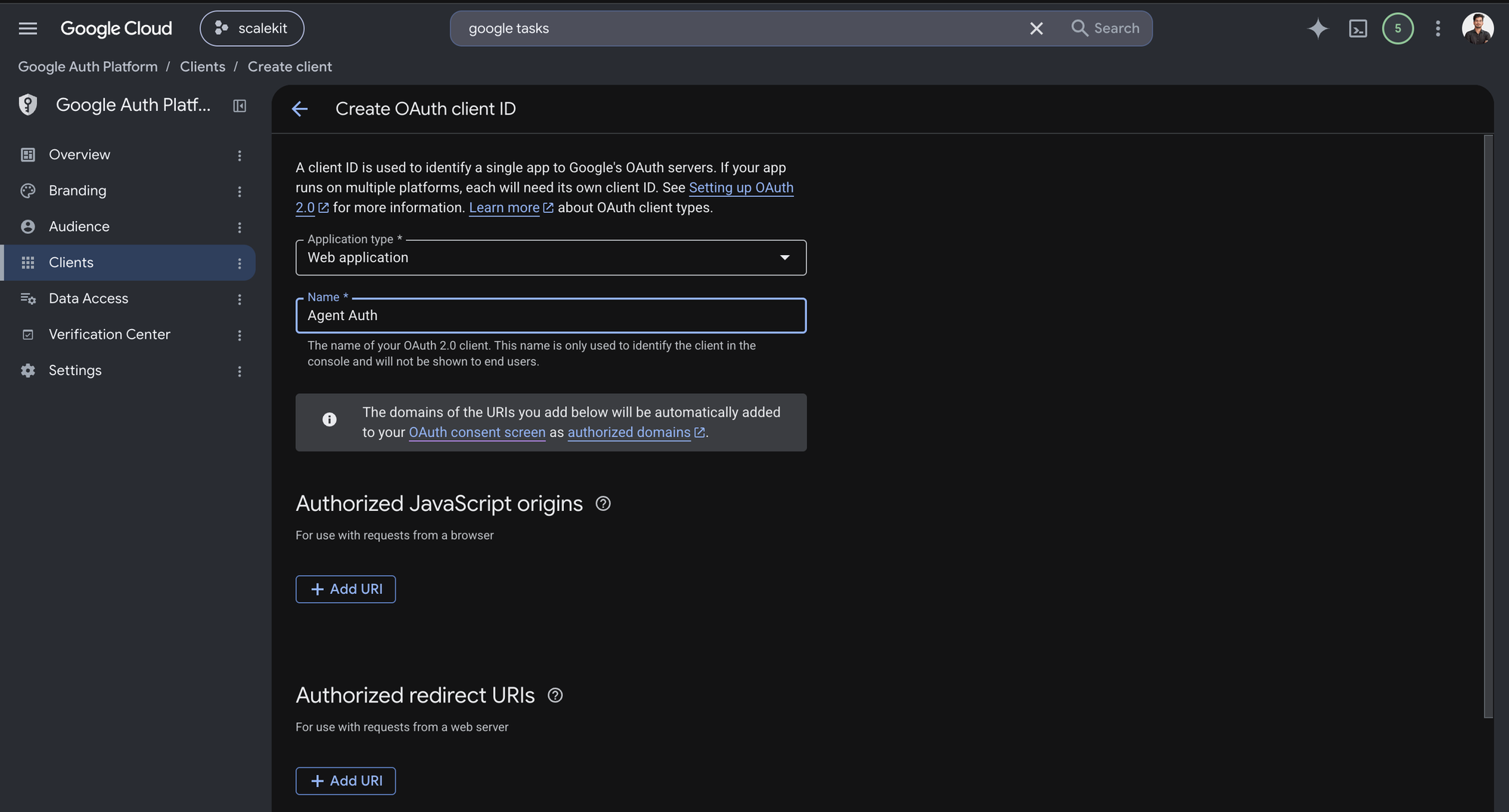 Create OAuth client ID form with Web application type and Authorized redirect URIs section