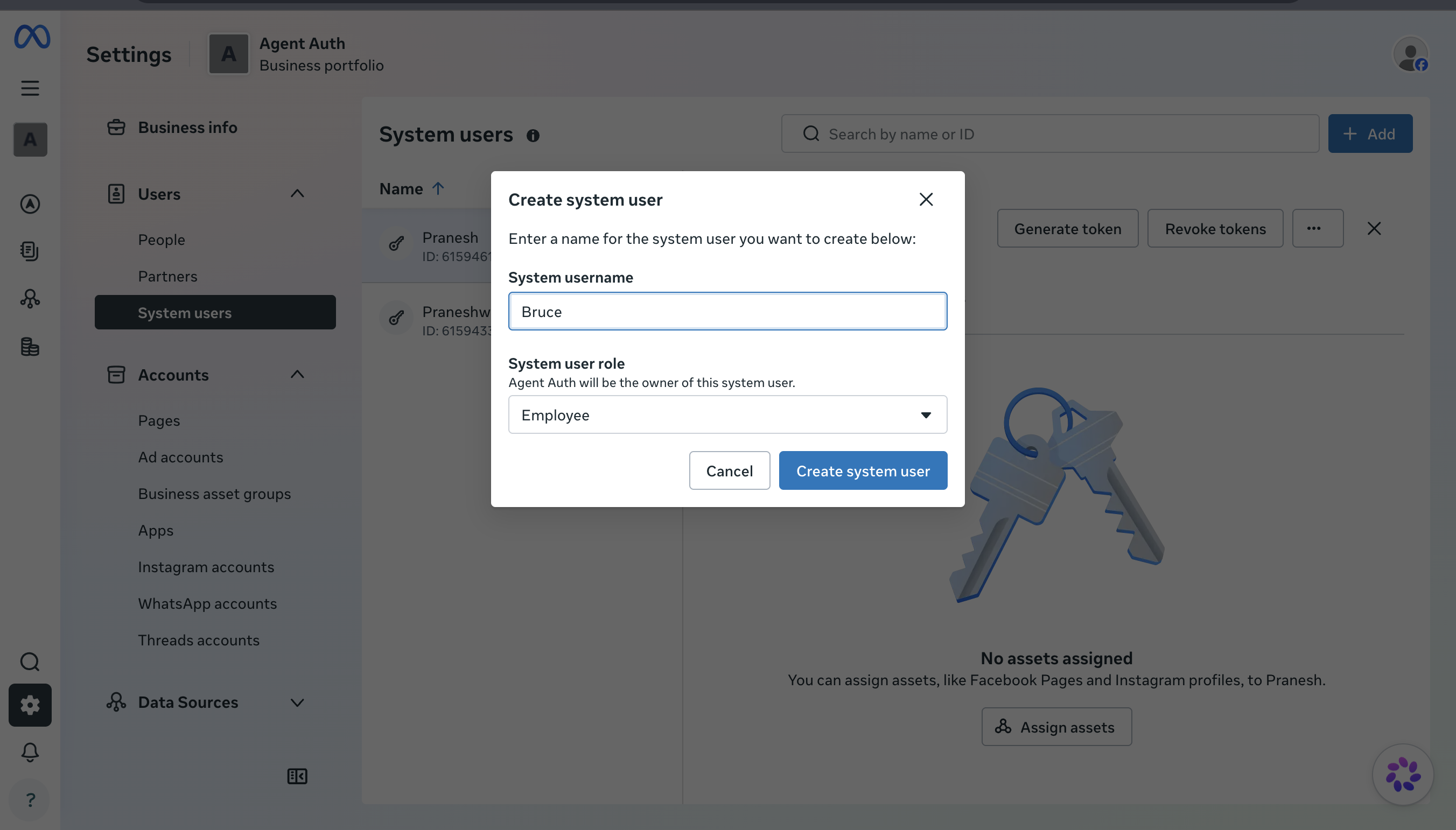 Create system user dialog with a system username and Employee role selected