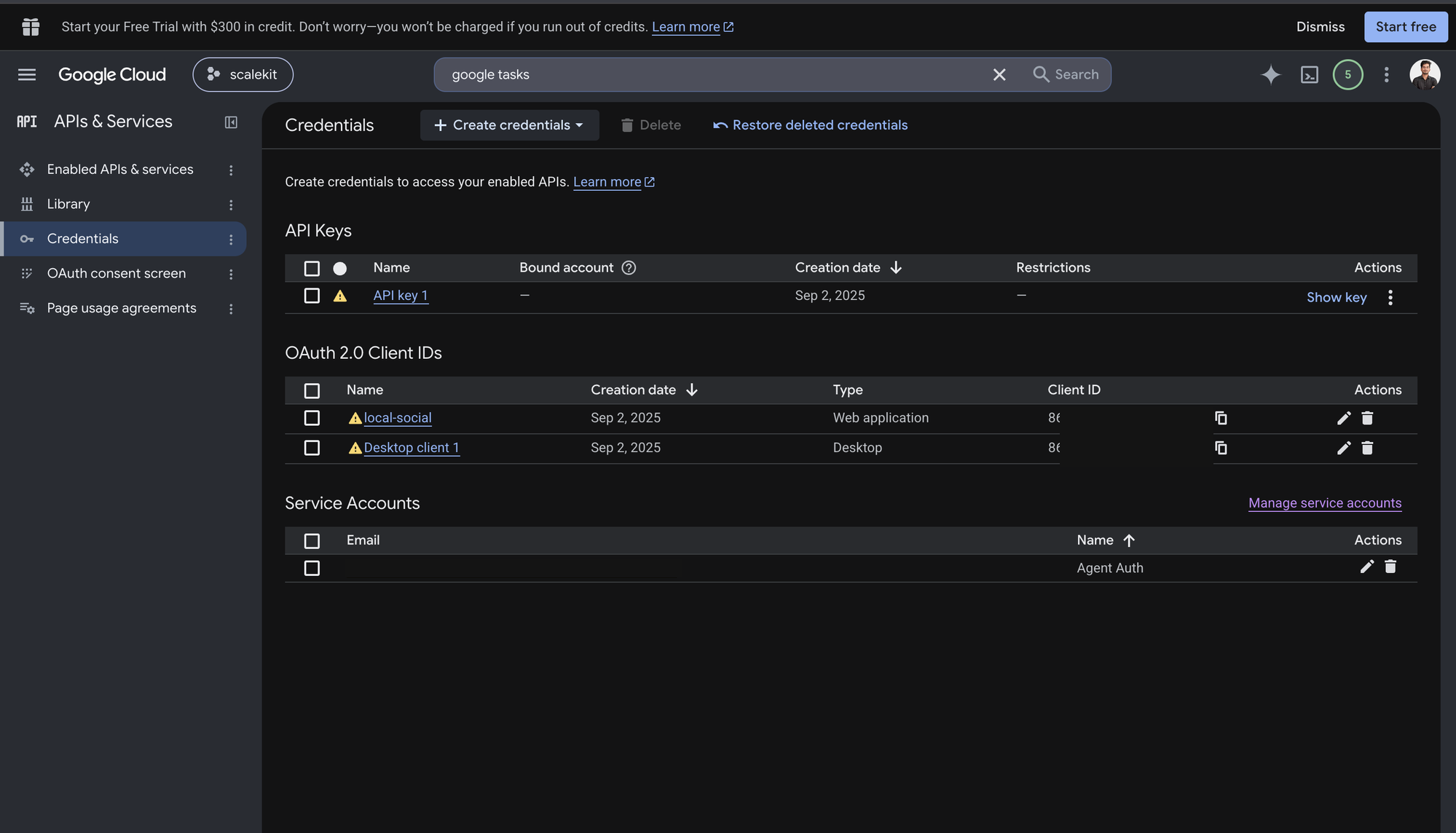 Google Cloud Console Credentials page listing API keys, OAuth 2.0 client IDs, and service accounts