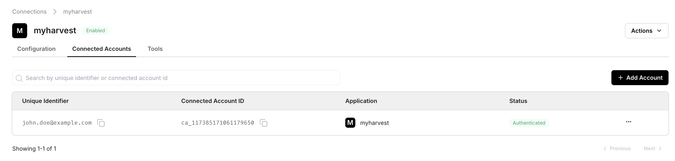 Connected Accounts tab showing an authenticated account for a custom connector