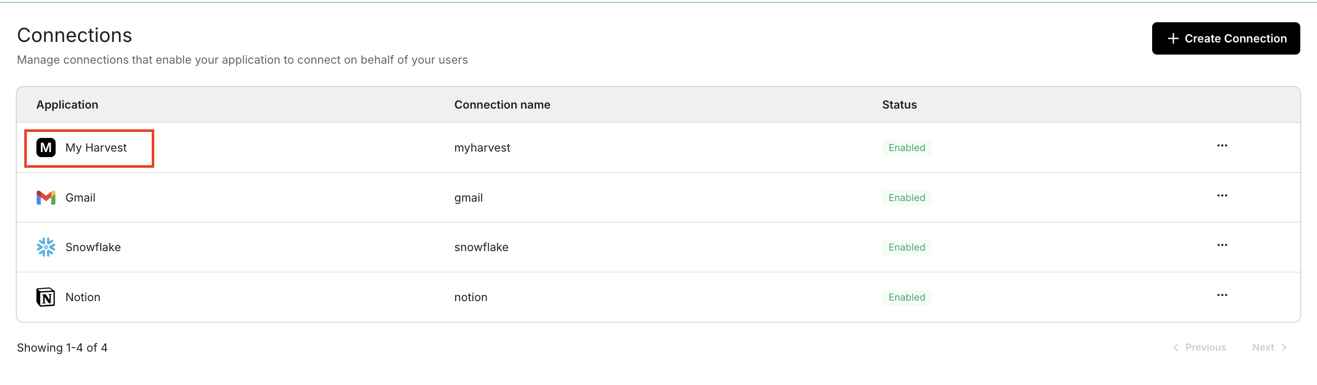 Connections page showing a custom connector connection alongside built-in connectors