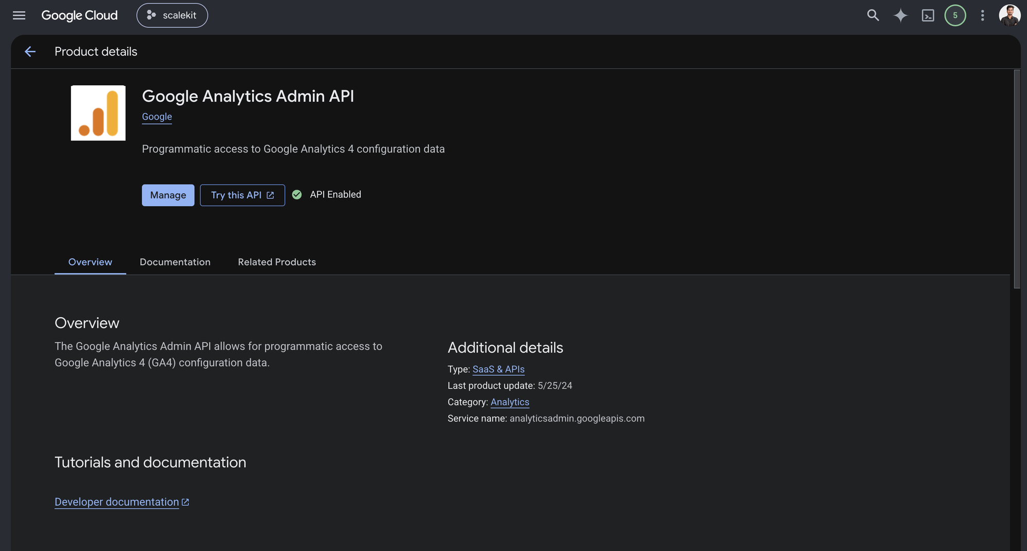 Google Analytics Admin API product page showing the Enable button and API Enabled status