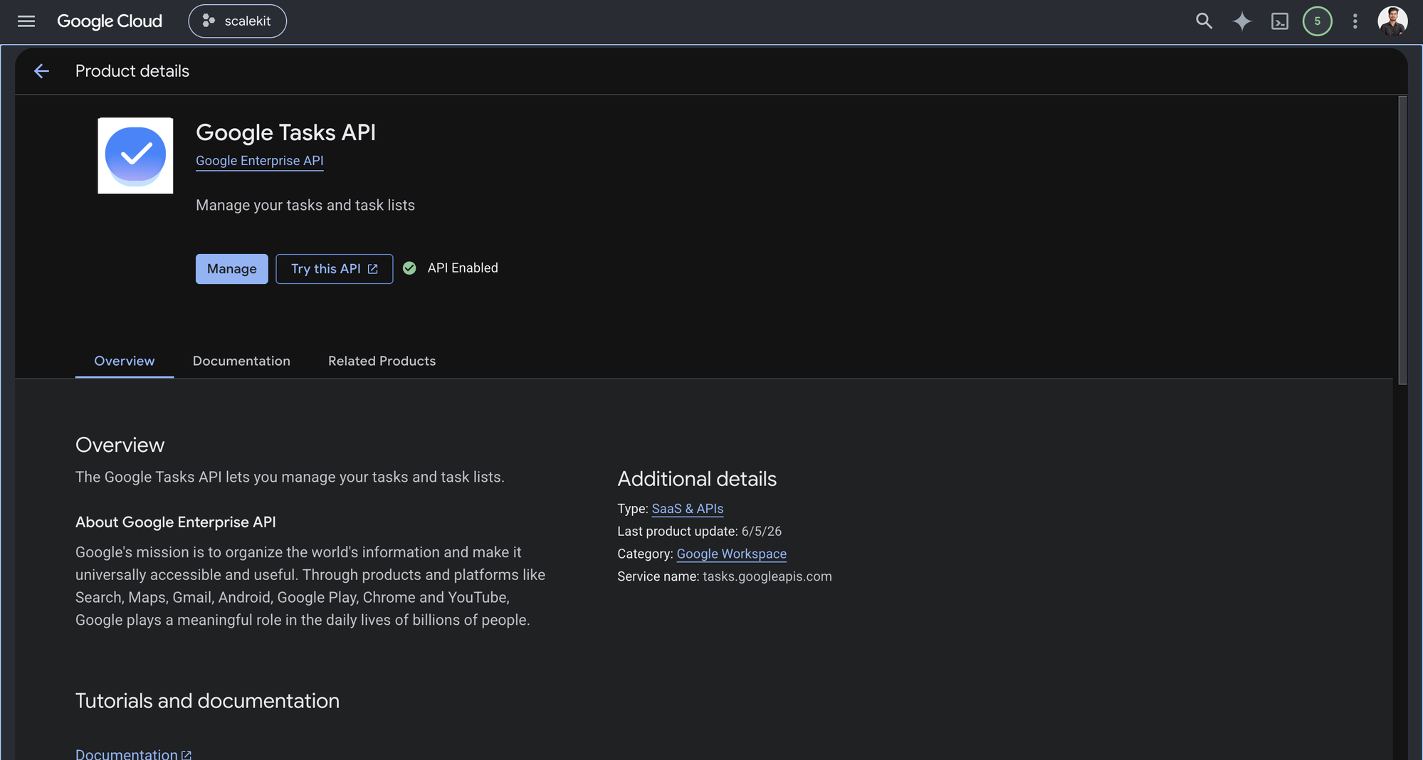 Google Tasks API product page showing the Enable button and API Enabled status