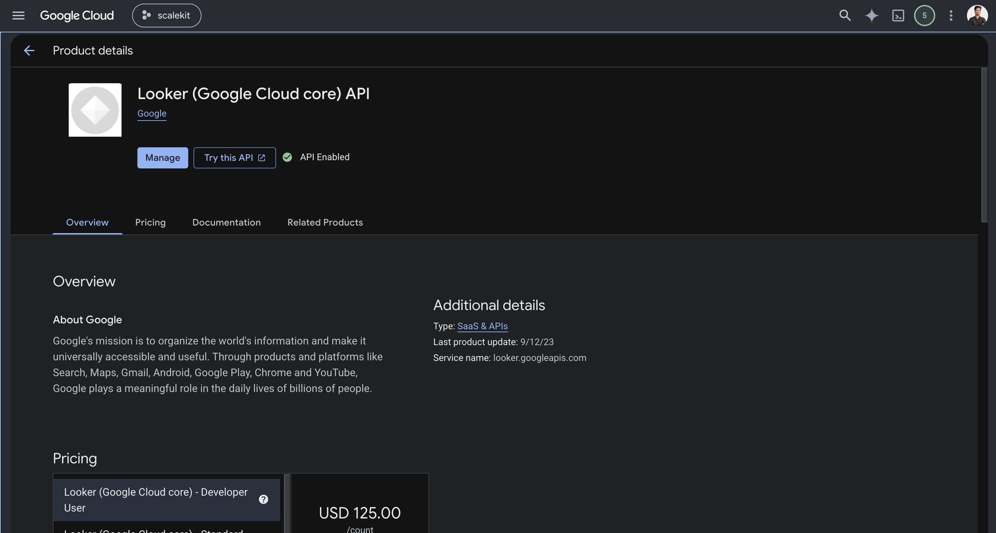 Looker (Google Cloud core) API product page showing the Enable button and API Enabled status