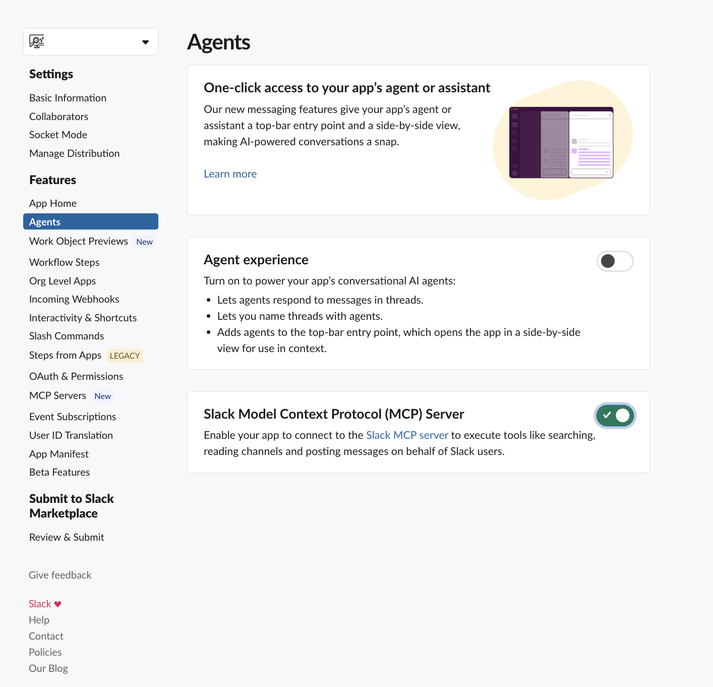Turn on the Slack Model Context Protocol (MCP) Server toggle in the Slack app portal