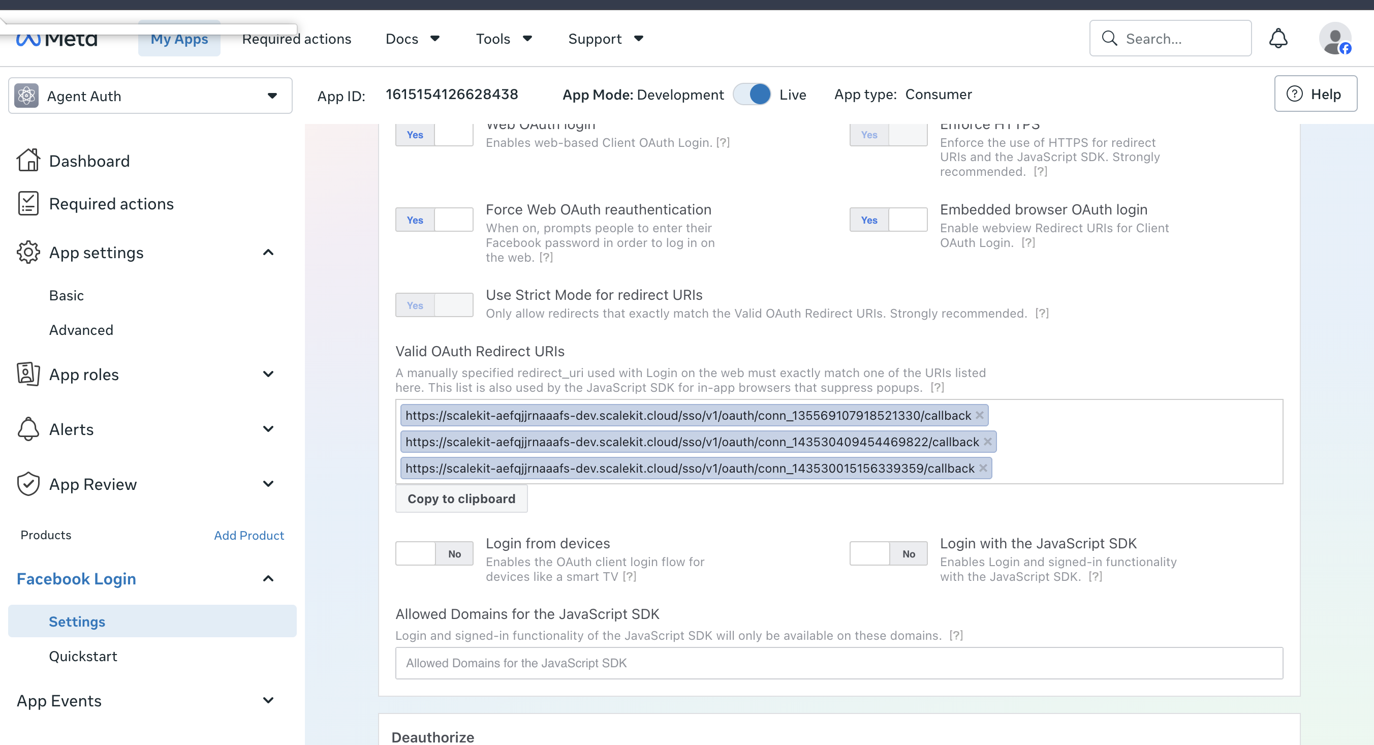 Facebook Login settings showing the Valid OAuth Redirect URIs list