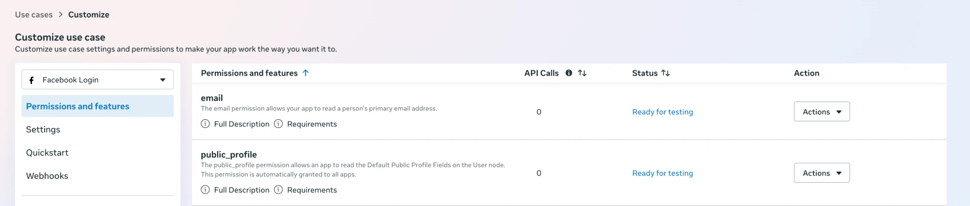 Meta app use case Permissions and features page, with the email and public_profile permissions showing Ready for testing.