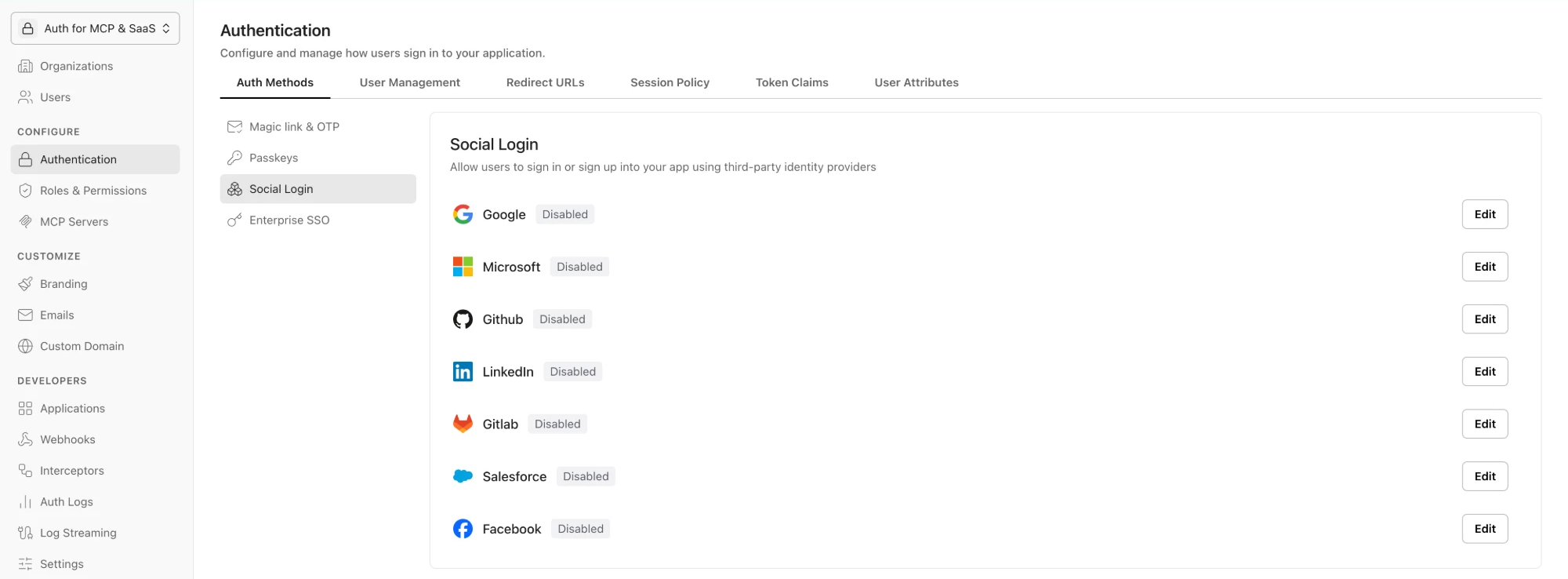 Scalekit dashboard Social Login list under Authentication, Auth Methods, with Facebook below Google, Microsoft, GitHub, LinkedIn, GitLab and Salesforce.