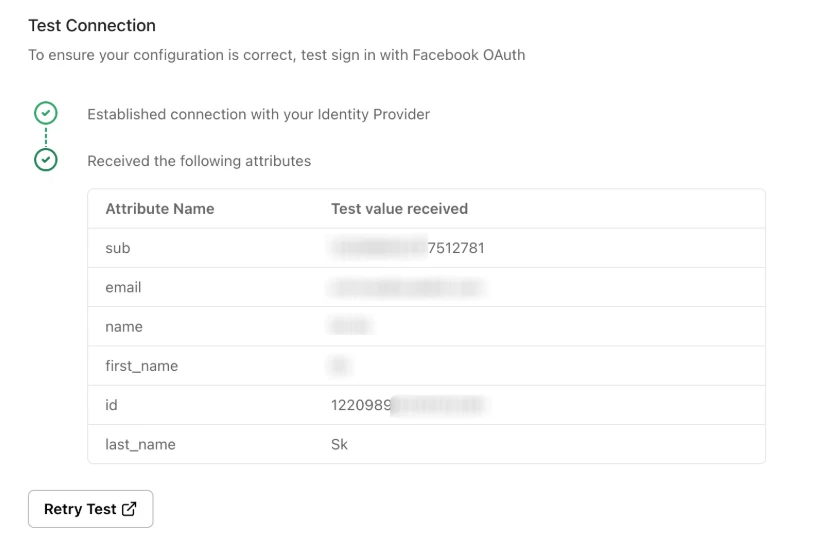 Successful Facebook test connection in Scalekit, listing the attributes received from Facebook: sub, email, name, first_name, id and last_name.