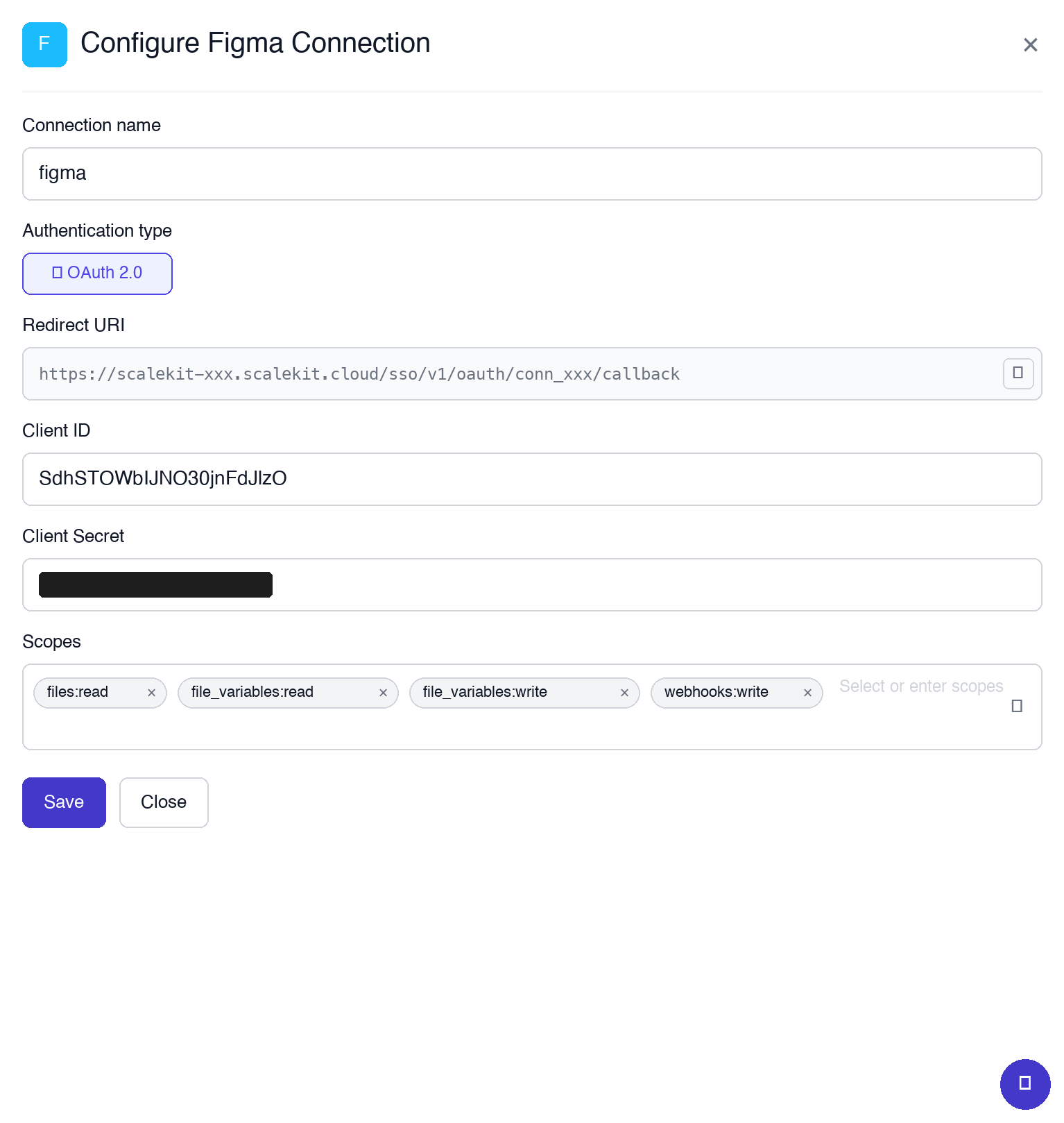 Scalekit Figma connection with Client ID, Client Secret, and scopes filled in