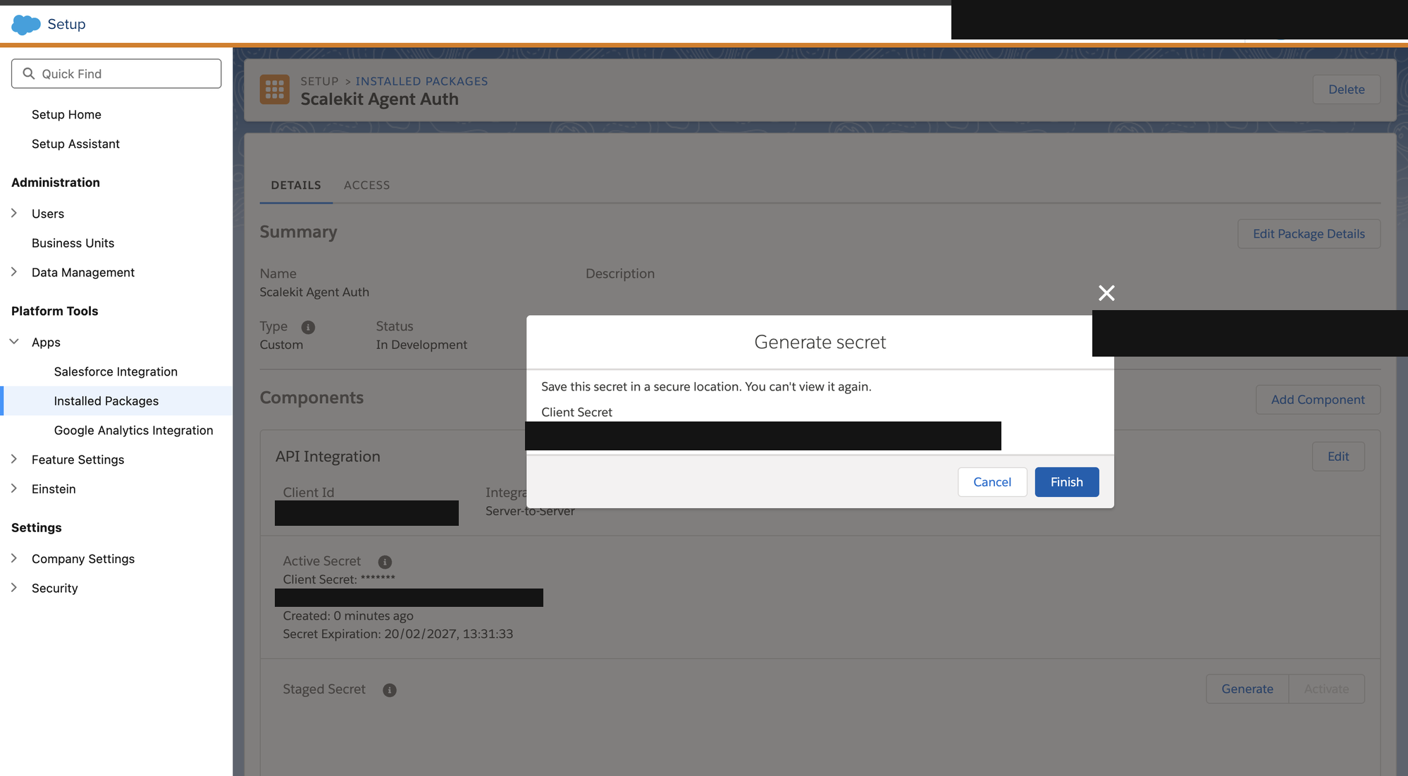Generate secret dialog showing the one-time Client Secret value