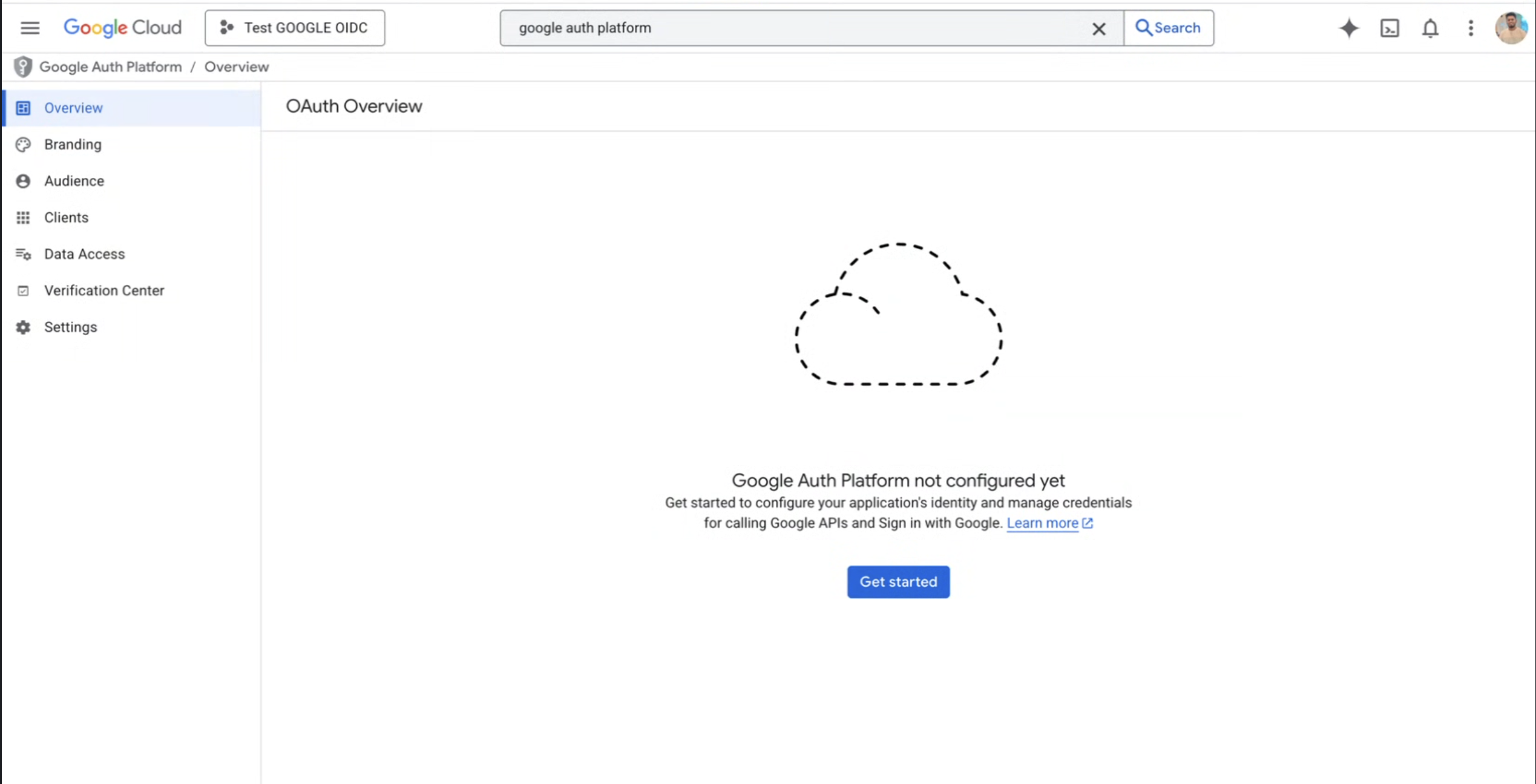 Google Auth Platform overview with Get started button