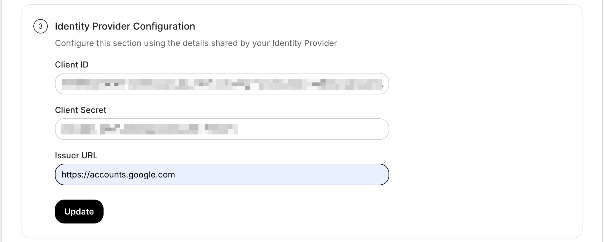 SSO Configuration Portal fields for Google Client ID and Client Secret