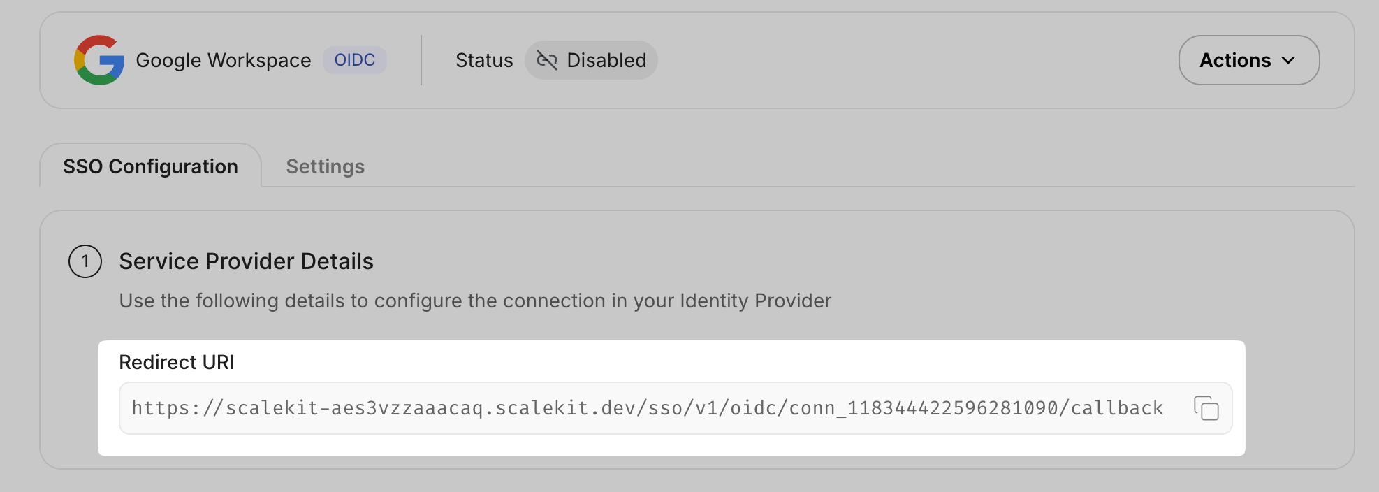SSO Configuration Portal showing the Google OIDC Redirect URI