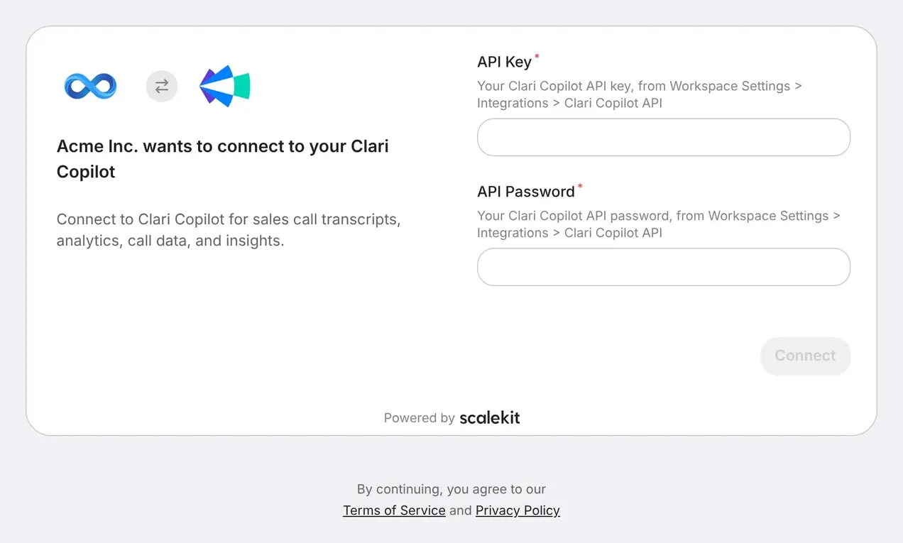 Hosted Connect Widget for an API key connector: Acme Inc. wants to connect to your Clari Copilot, with required API Key and API Password fields, each with a hint about where to find it