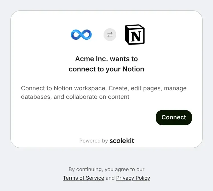 Hosted Connect Widget for an OAuth connector: Acme Inc. wants to connect to your Notion, with a short description of Notion and a Connect button