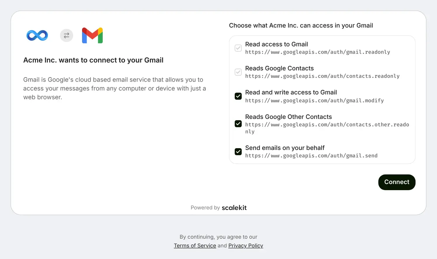 Hosted Connect Widget scope list: Choose what Acme Inc. can access in your Gmail, with two required scopes shown checked and disabled, and three optional scopes checked