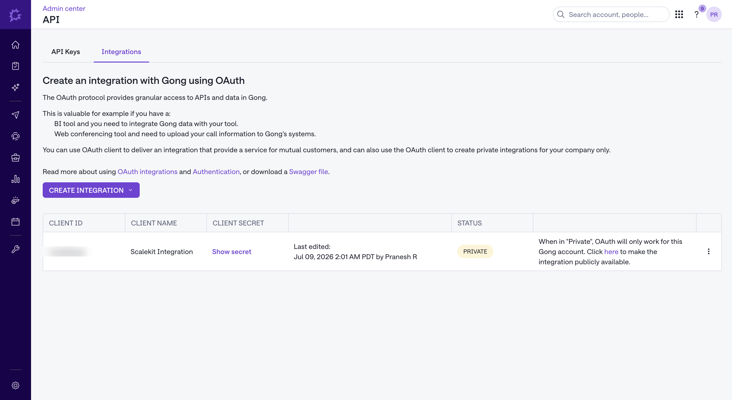 Gong Admin Center API page showing the Integrations tab with a Scalekit Integration client