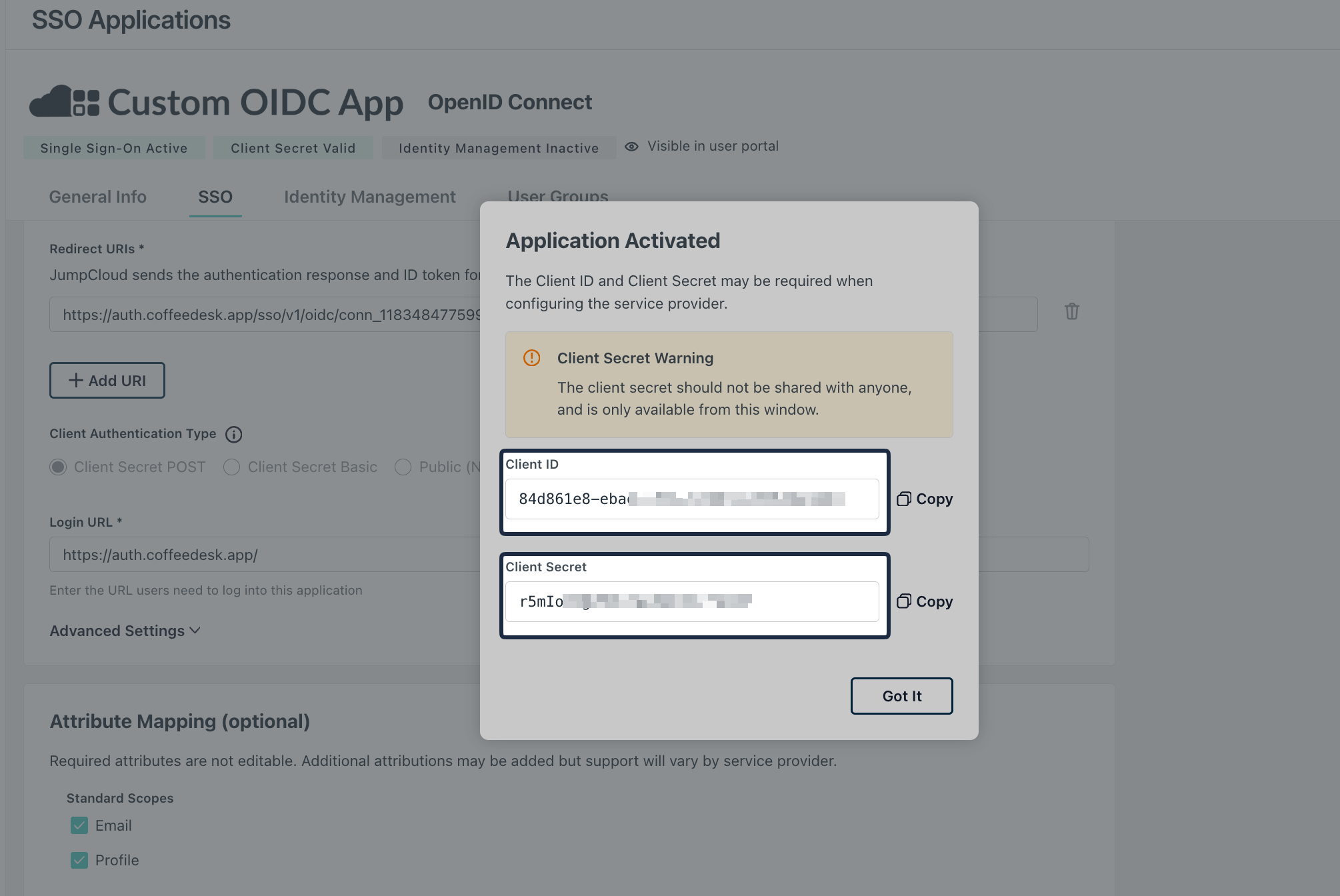 JumpCloud application activated dialog showing Client ID and Client Secret