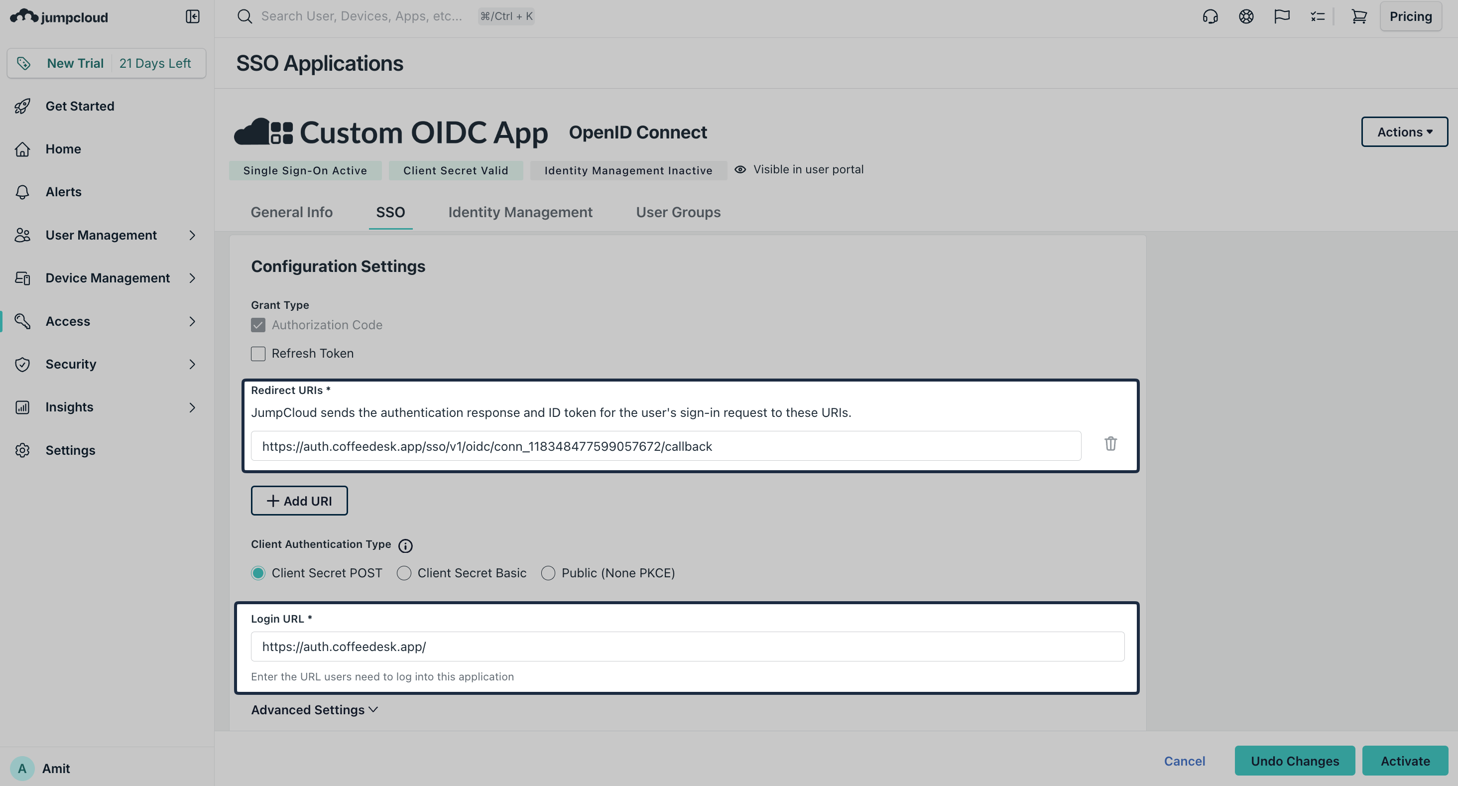 JumpCloud SSO configuration settings with Redirect URI and Login URL fields